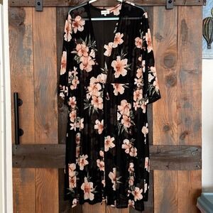 Siren Lily Women 2X Black Floral Mesh Duster Cardigan Tie Front Tropical Sheer